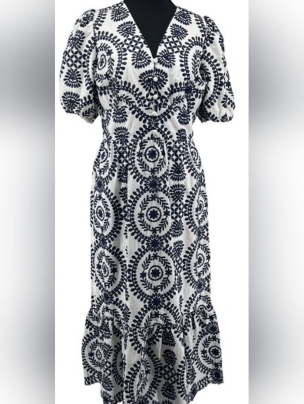 Adelyn Rae White & Navy Embroidered Mermaid-Midi Dress, Puffy Sleeves, NWT, XS